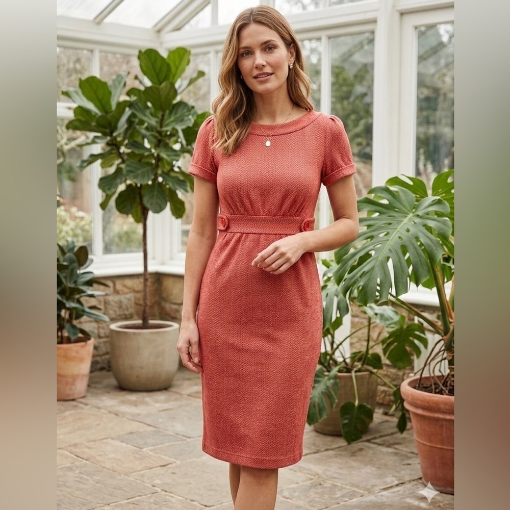 Ella Moss | Anthropologie | Red Herringbone Print Knit Dress with Short Sleeves